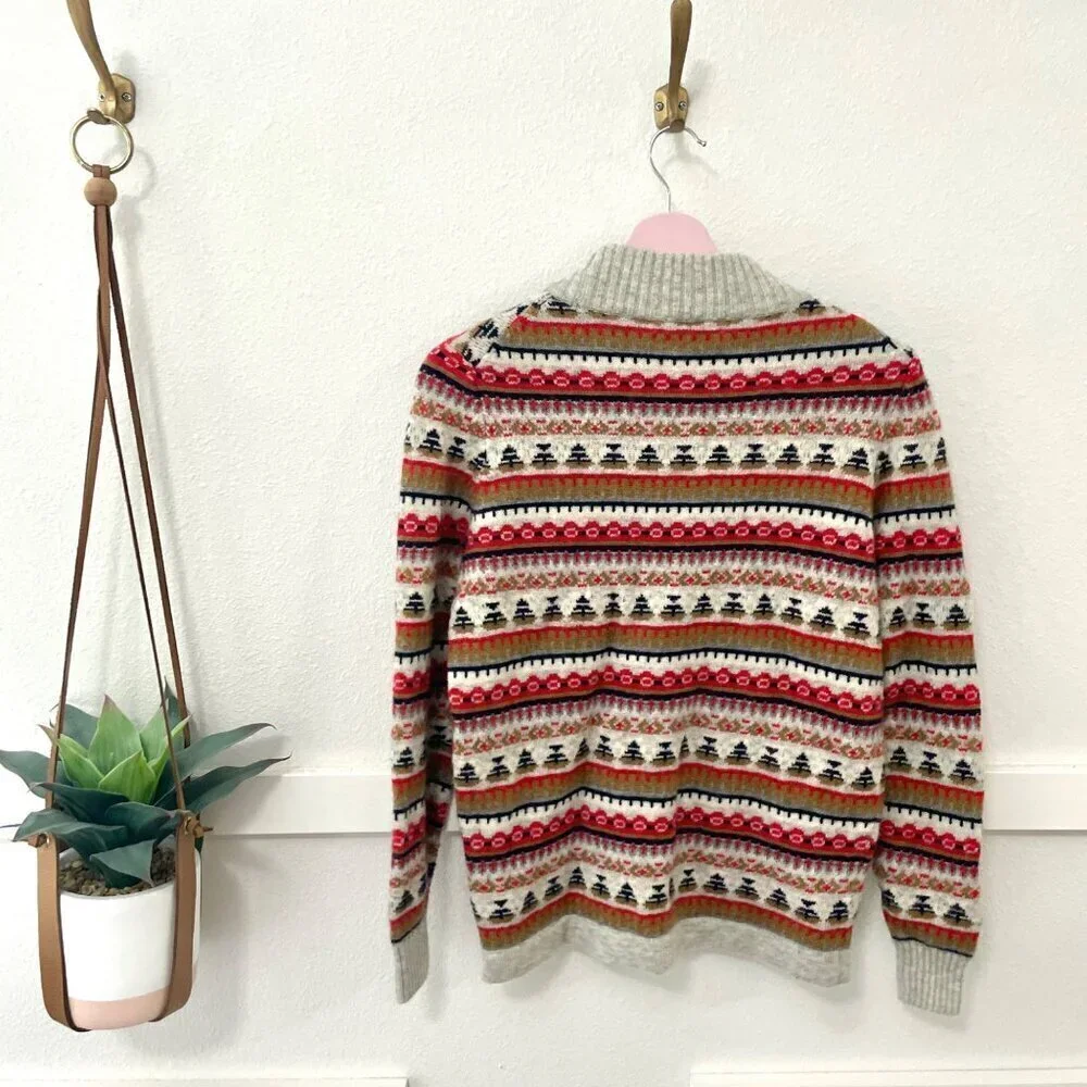 J Crew Mockneck Fair Isle Sweater Grey Red Size S K5312